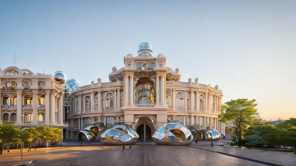 Classical Building with Modern Spheres at Dusk