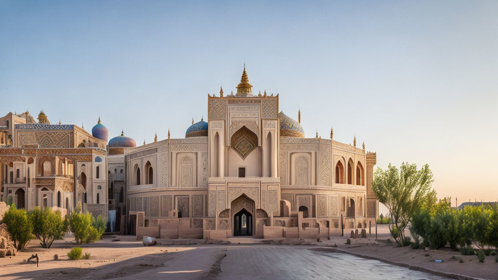 Elaborate traditional building with domes, trees, and sunlight