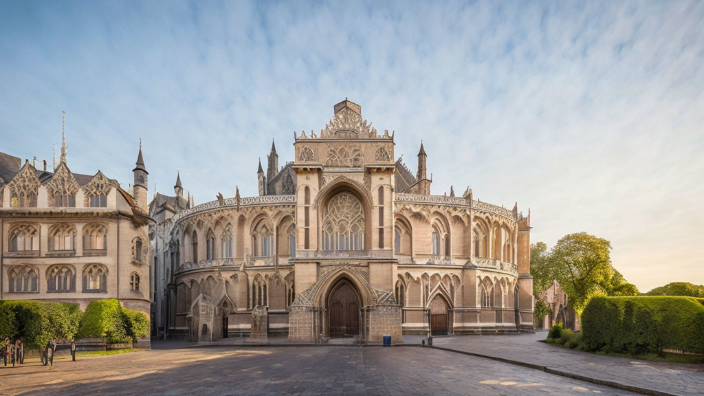 Gothic cathedral with intricate facades and green surroundings