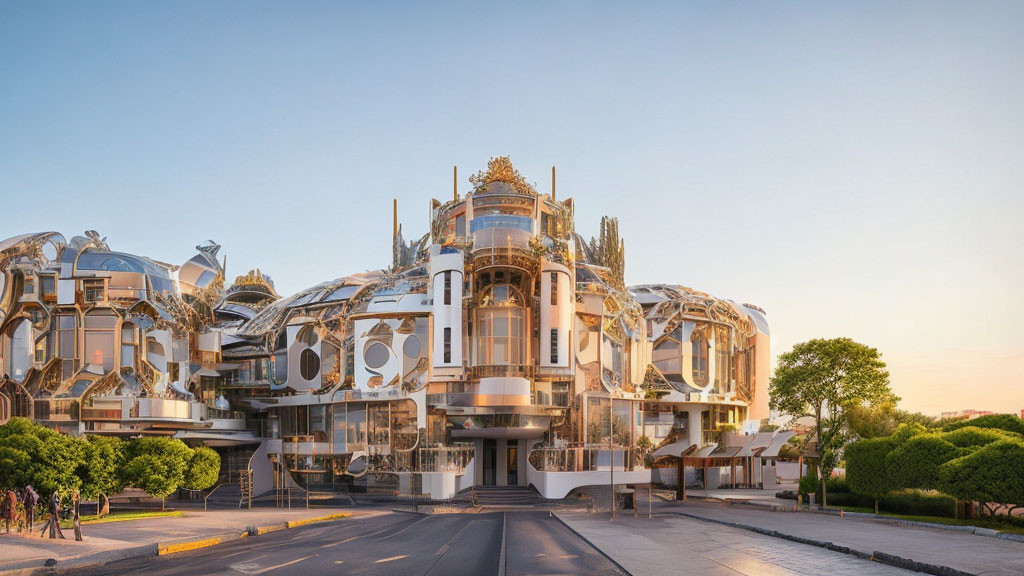 Futuristic building with gold and silver accents and glass panels at golden hour