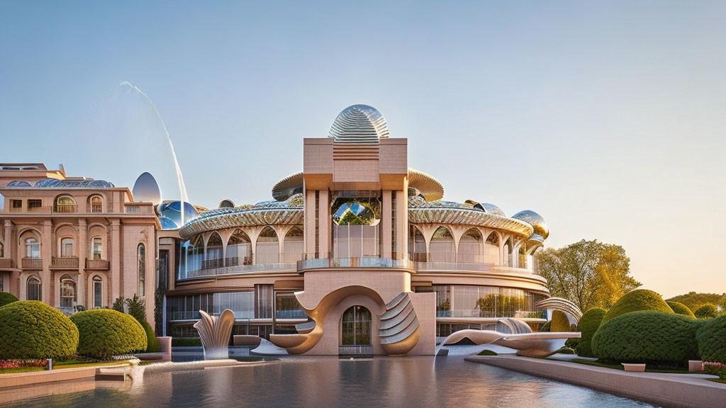 Modern curved architecture in manicured garden setting.