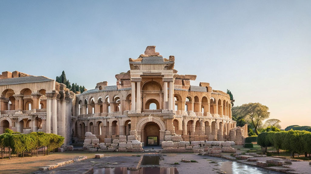 Ancient Roman theatre with arches and columns at sunset