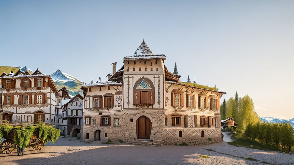 European Village with Traditional Houses and Castle Against Mountain Sunset