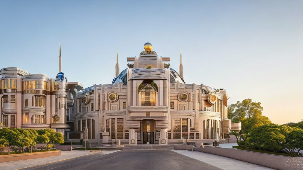 Futuristic building with silver towers, golden domes, grand staircase, and tall columns against a