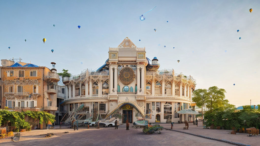 Eclectic architecture with clock against sky with hot air balloons