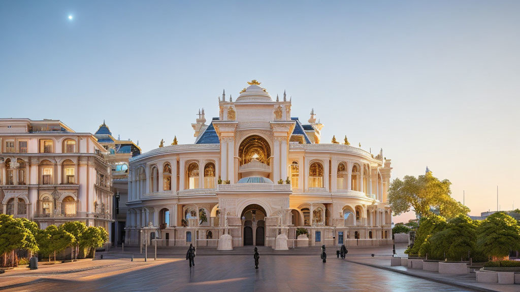 Neoclassical building with central dome and arches at sunset