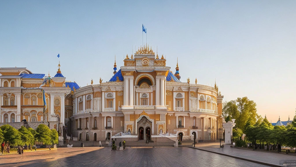 Ornate building with grand entrance, blue and gold embellishments