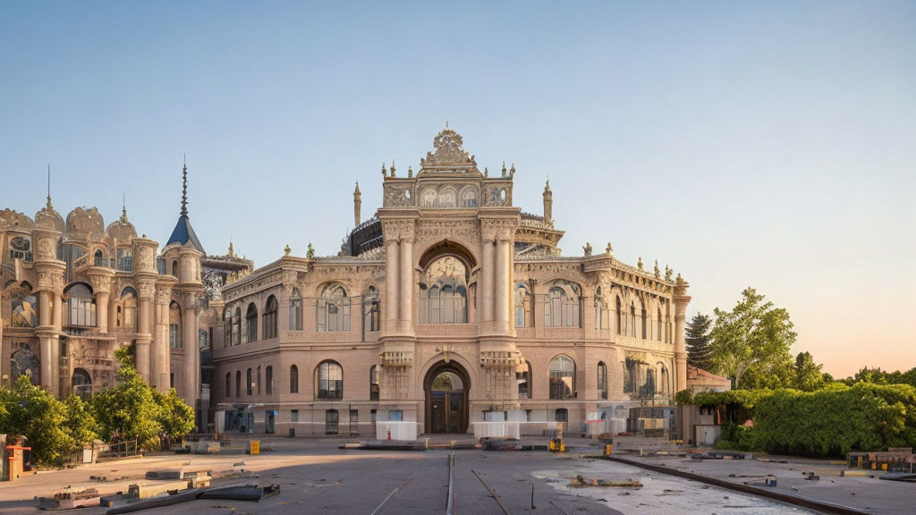 Grand architectural building with ornate design and spires under clear dusk sky