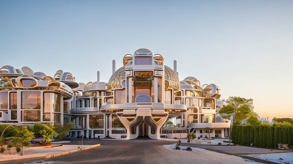 Contemporary white circular architectural structure with central entrance surrounded by trees at dusk