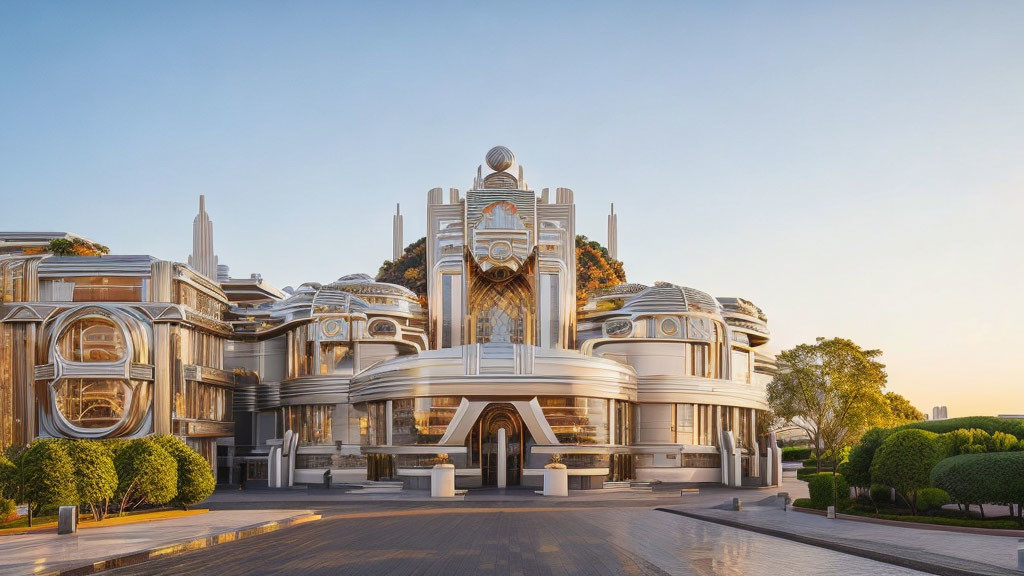 Modern metallic domed building with intricate designs under warm sunlight.