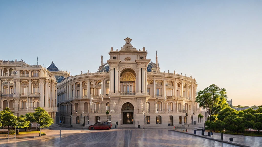 Elaborate white building with symmetrical wings, red bus beside empty square