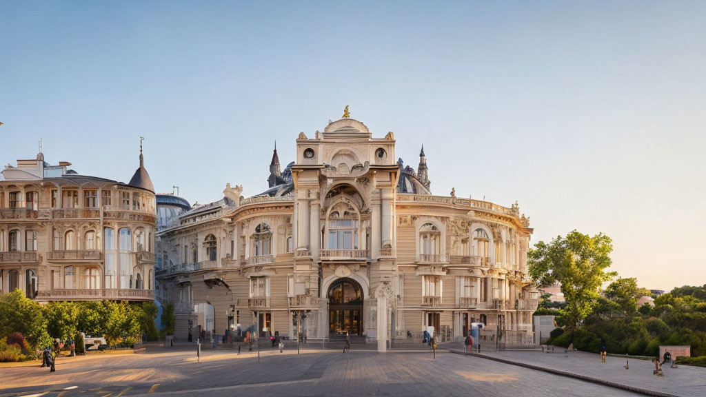 European-style opera house with intricate architecture and arched entrance amidst elegant buildings under clear dusk sky.