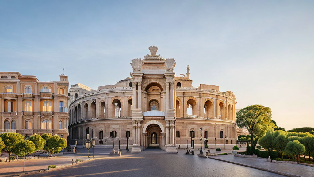 Neoclassical opera house with stone carvings and columns at sunset