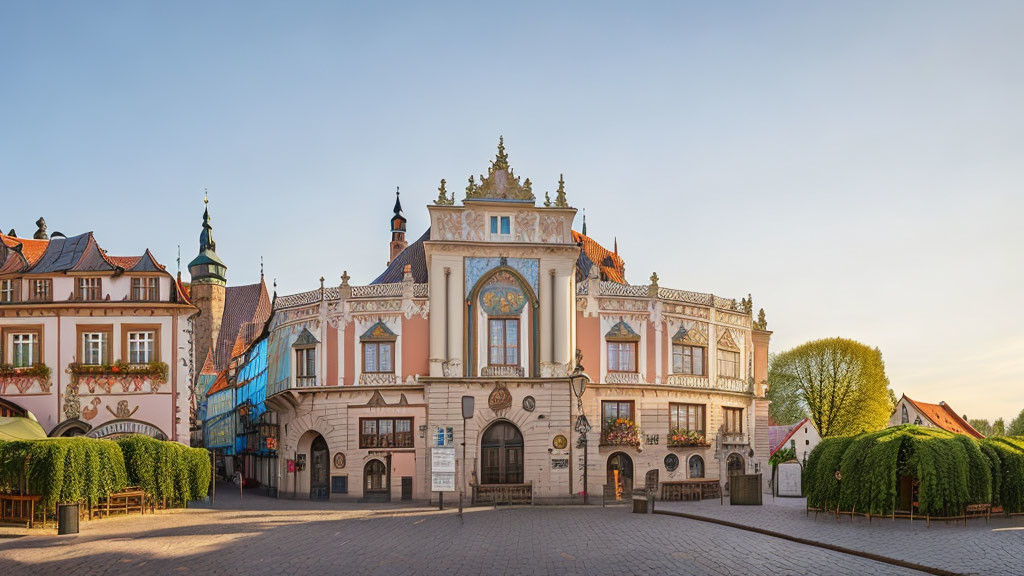 Historic European building with ornate facade and traditional houses under clear dusk sky.