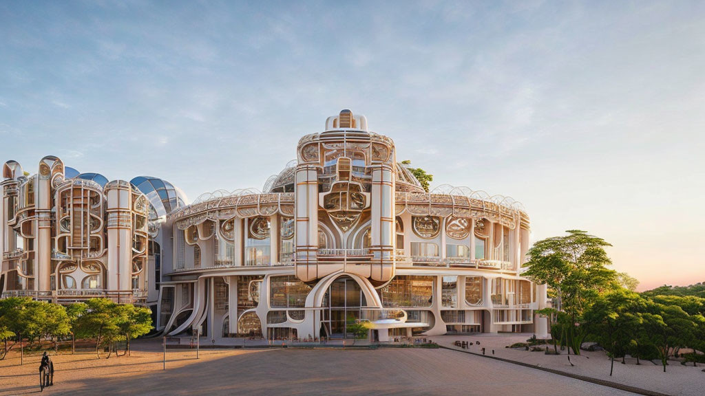 Ornate futuristic building with glass domes and balconies at sunrise or sunset