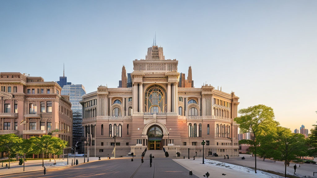 Ornate historic building on plaza at dusk