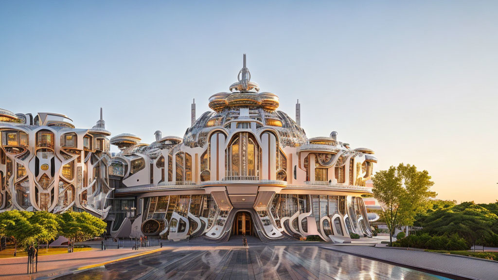 Ornate White and Gold Futuristic Building Against Blue Sky