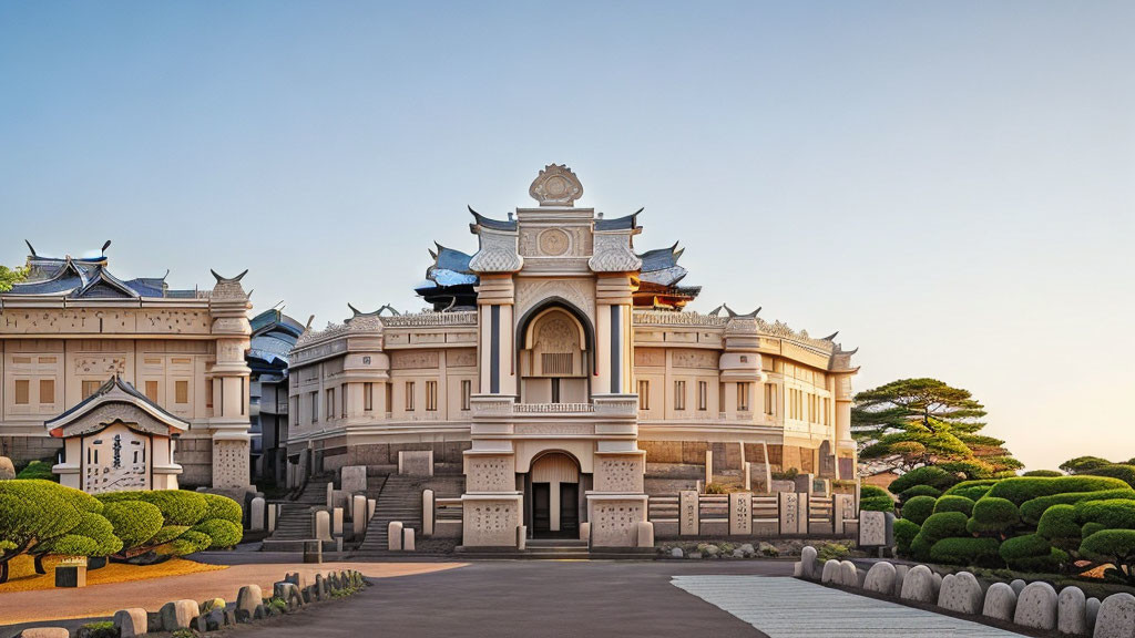 Traditional Asian Architecture Building with Decorative Roofs and Stone Fencing