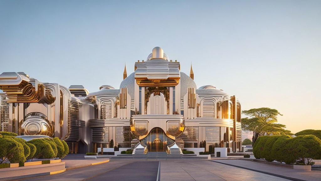 Symmetrical silver and gold futuristic building with domes and ornate detail against clear sky at sunrise or