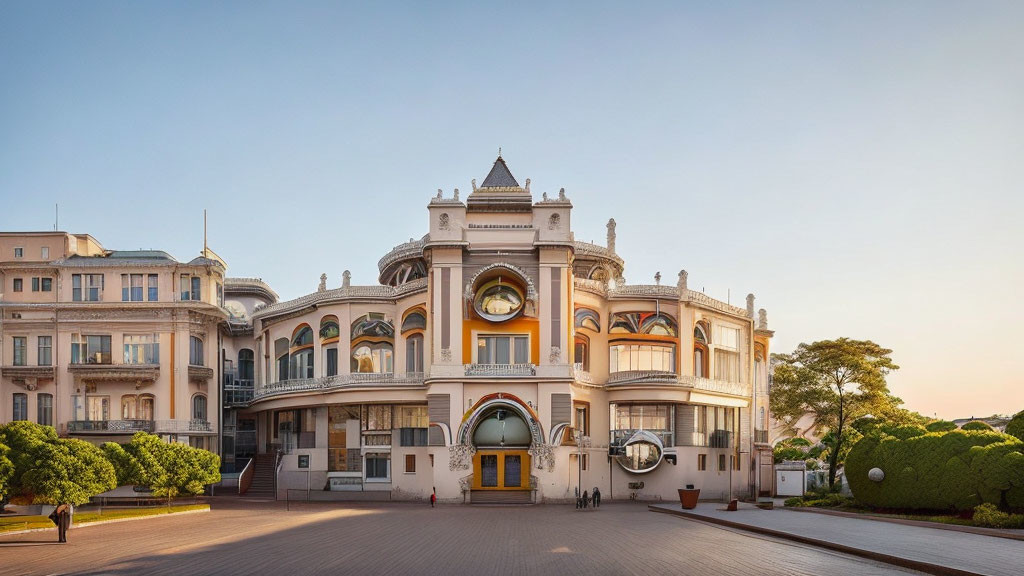 White Building with Arches and Dome in Sunlit Setting