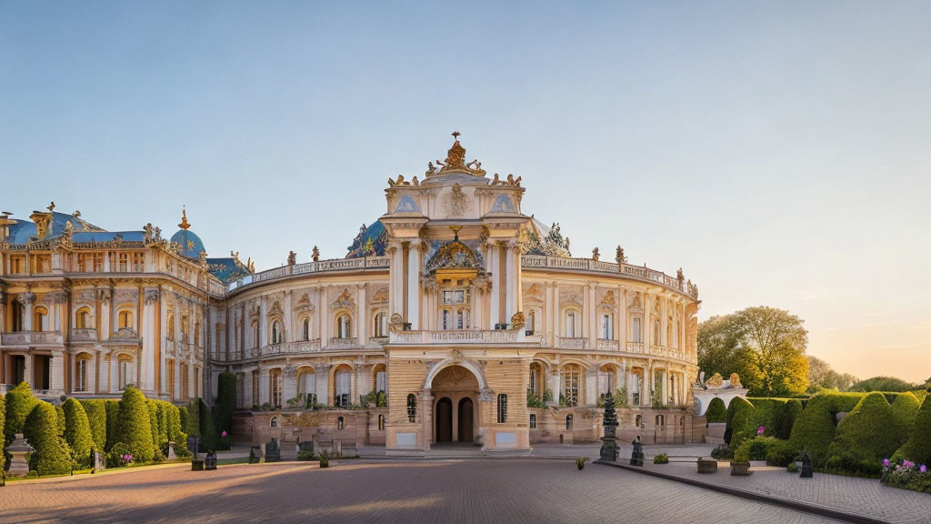 European Palace with Ornate Architecture and Manicured Gardens at Sunset