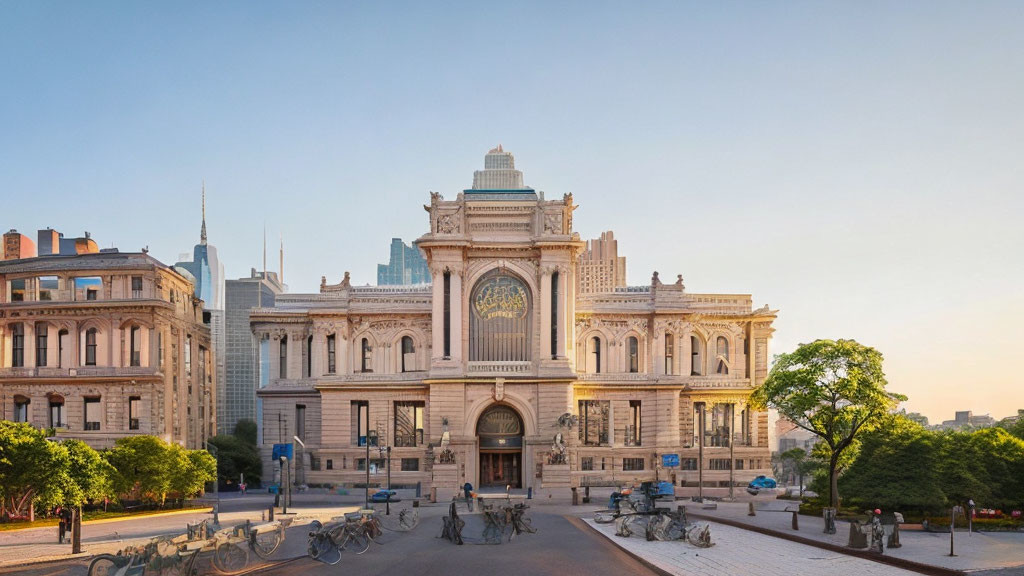 Neoclassical building with grand arches and sculptures among modern architecture at sunset