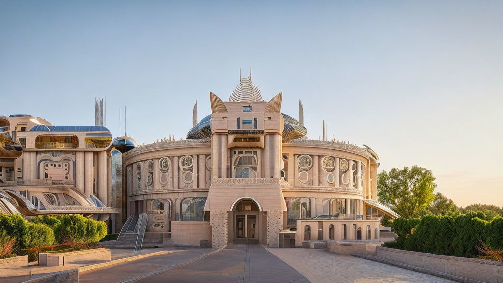 Modern building with central dome, symmetrical wings, circular motifs, and futuristic spires.