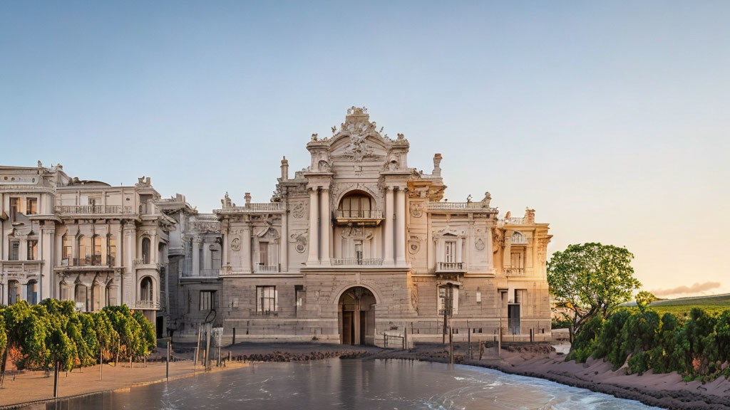 Ornate Classical Building at Dusk with Elaborate Facades and Statues