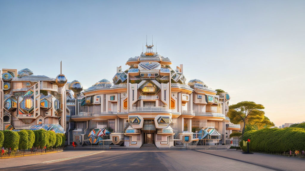 Futuristic building with geometric designs and metallic domes at sunset