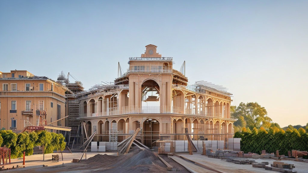 Historic building renovation with scaffolding and construction materials under clear sky