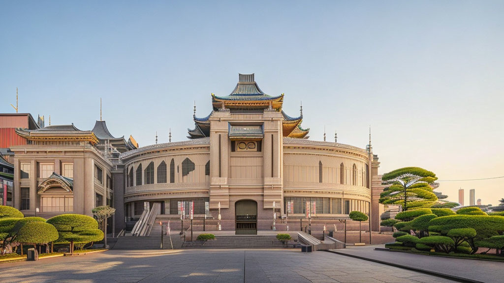 Curved facade classical building with Eastern architectural elements and trimmed bushes.