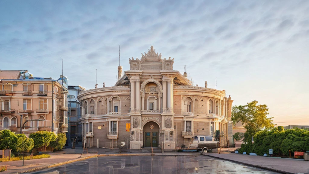 Historical building with classical architecture at sunrise on street corner.