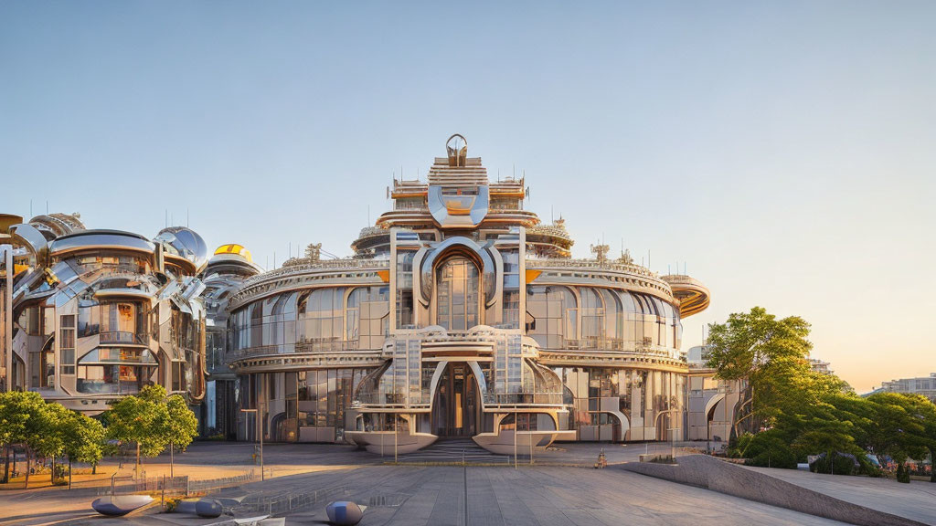 Futuristic spherical and curved building with metallic and glass elements at dusk