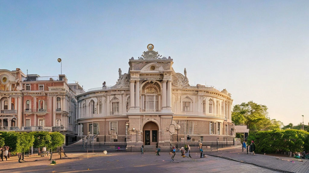 Neoclassical building with ornate facade, sculptures, clock, people, and trees.