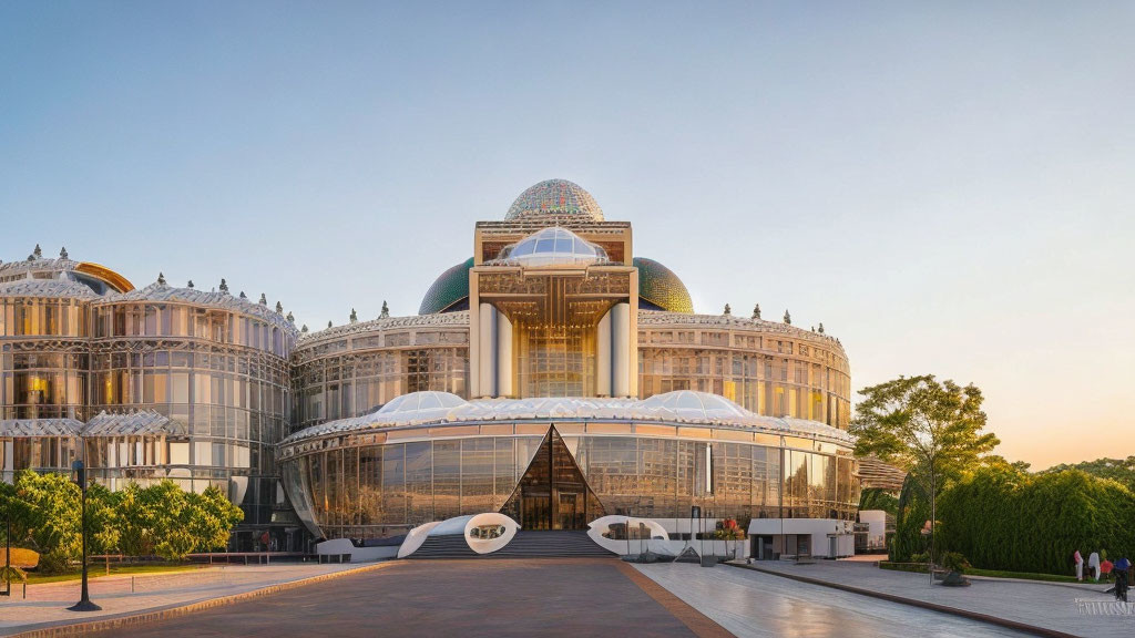 Glass building with central dome and wings against clear sky at sunrise/sunset