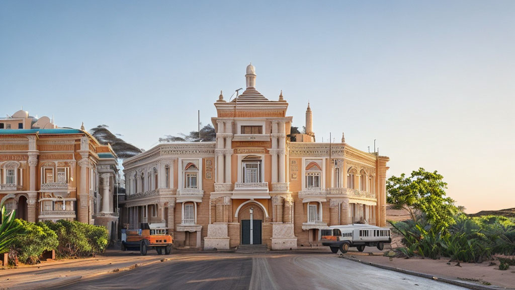 Traditional Building with Dome and Modern Vehicles at Twilight