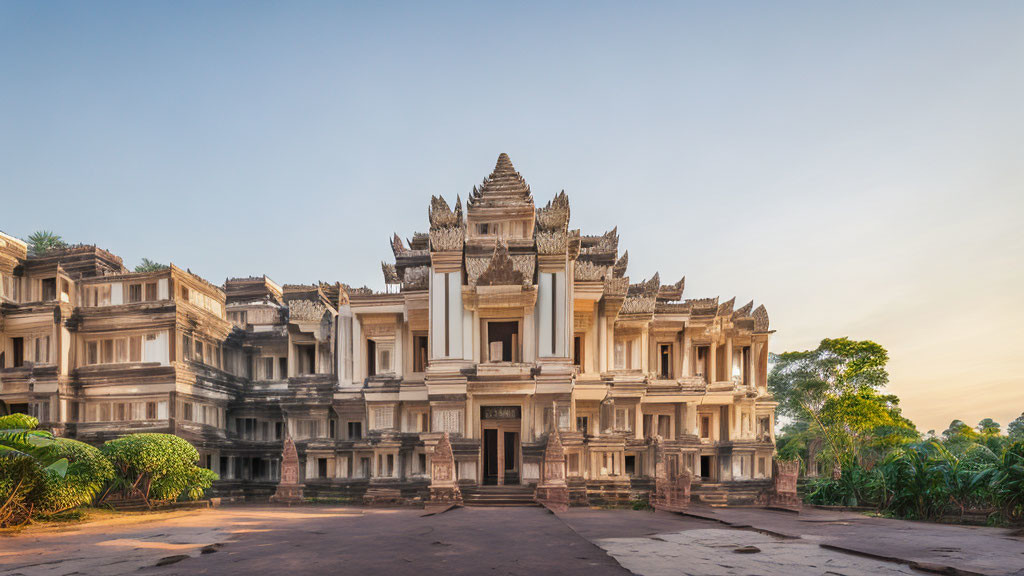 Ancient ornate temple with intricate carvings in serene setting