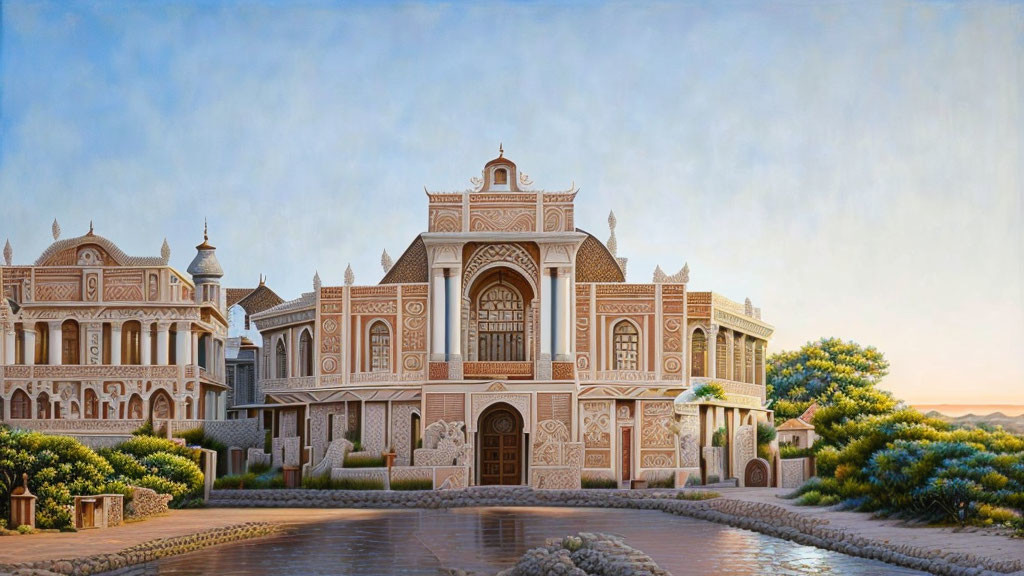 Ornate traditional building with archways and domes by tranquil water and greenery