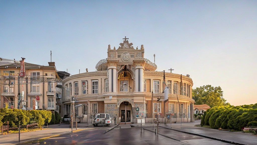 Historic building with classical facade surrounded by modern structures at dawn/dusk