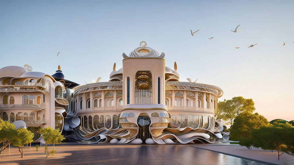 Futuristic building with ornate, curving architecture and flying birds at sunrise or sunset