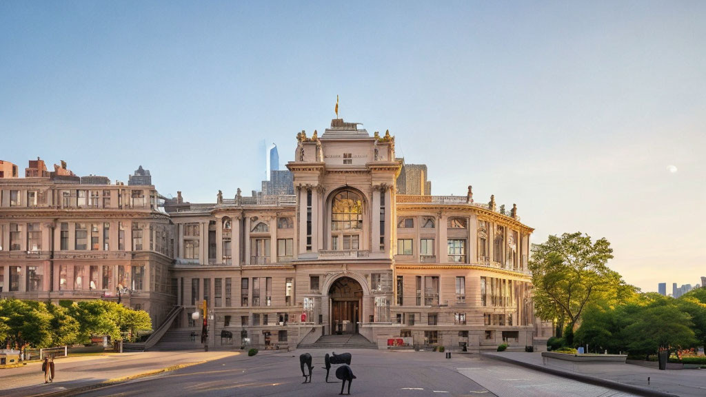 Neoclassical building with clock tower and figures at sunrise or sunset