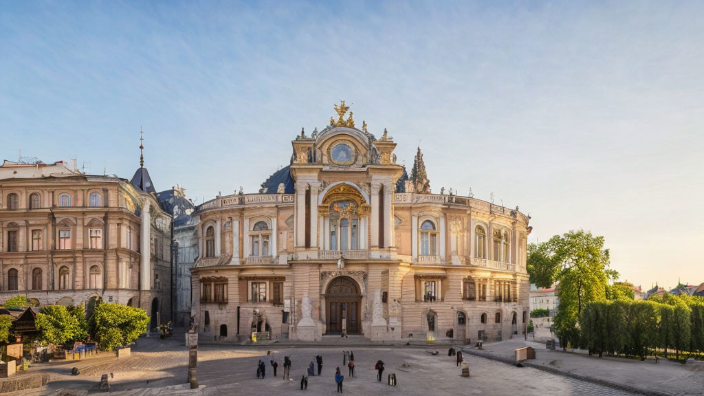 Historical building with sculptures and gold trimmings surrounded by classic structures and people in a square