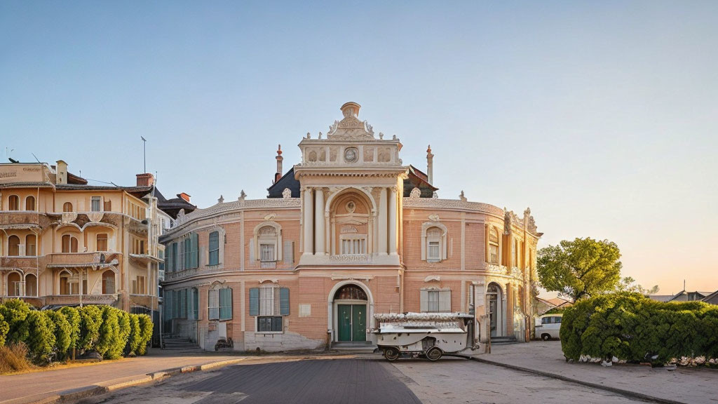 Pink and White Classical Building with Decorative Facade at Sunrise