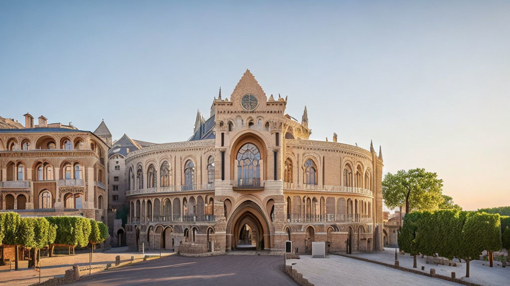 Grand Neo-Gothic Building with Arched Doorways and Ornate Windows