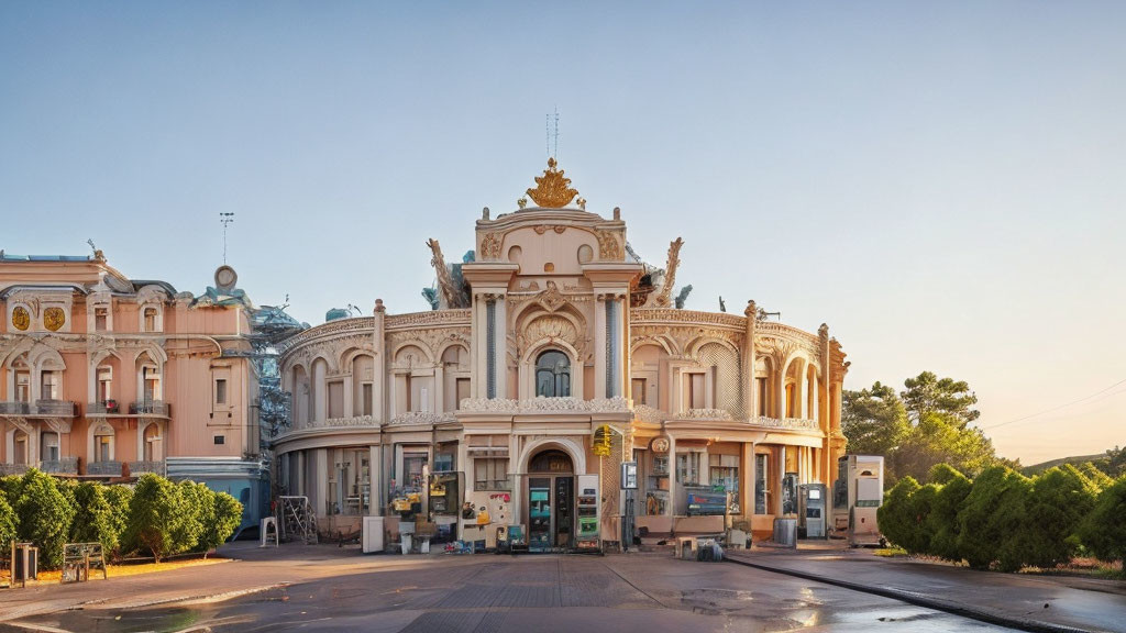 Elaborate facade and sculptures of a gas station building in warm sunlight