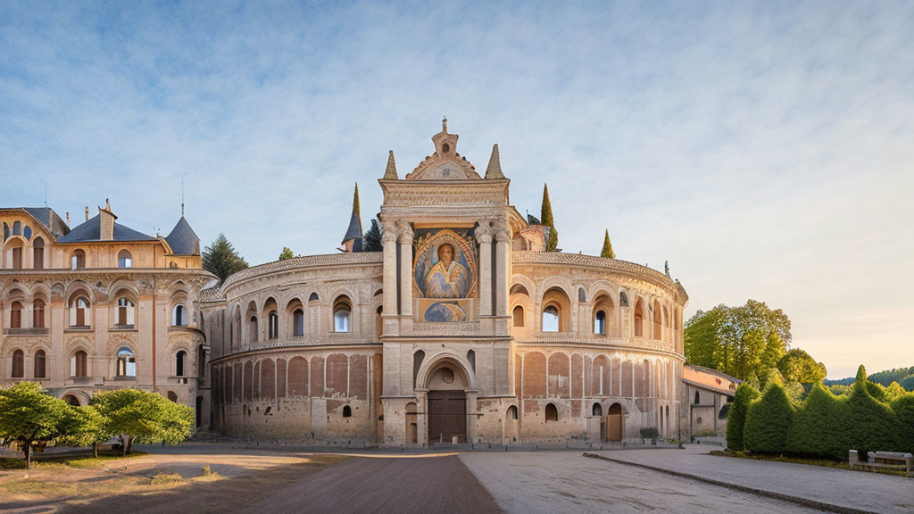 Romanesque Architecture Monastery with Fresco Facade and Green Landscape