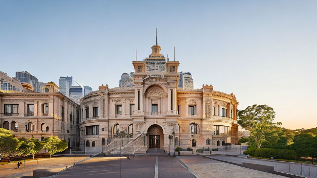 Historic building with grand staircase and central tower amidst modern skyscrapers