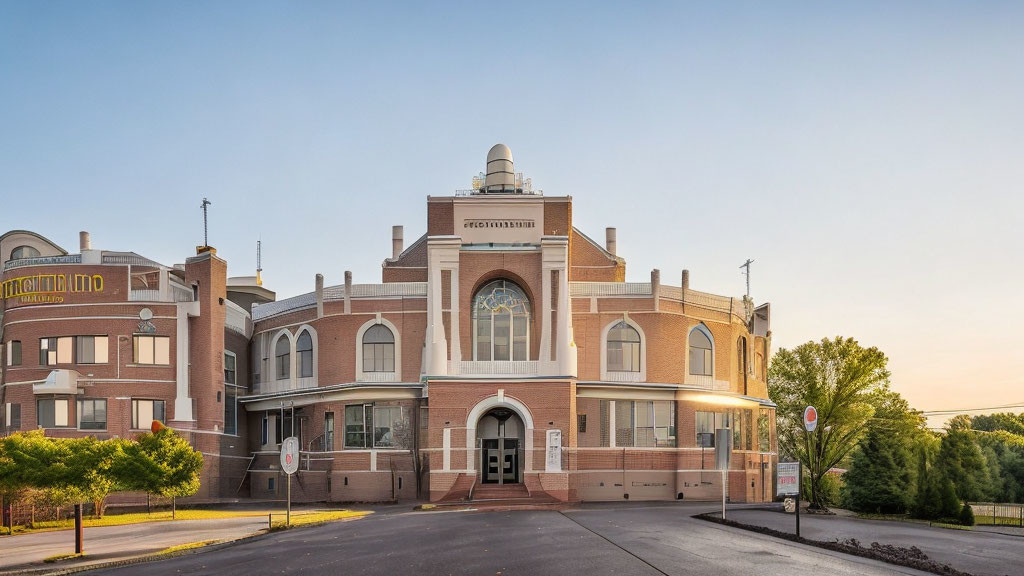 Urban building with brick façade and dome at deserted intersection during golden hour