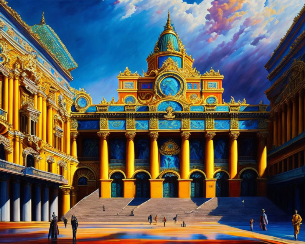 Grand classical building with golden details, clock, and people walking in a vibrant artwork