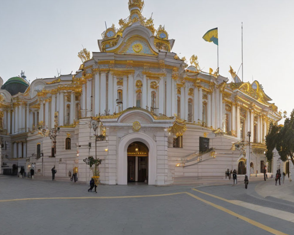 Grand ornate building with golden and white facade and Ukrainian flag at half-mast.